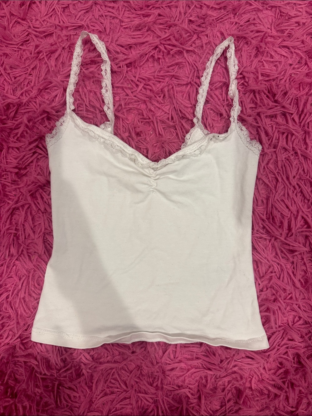 Bershka White Lace-Trim Camisole Tank Top